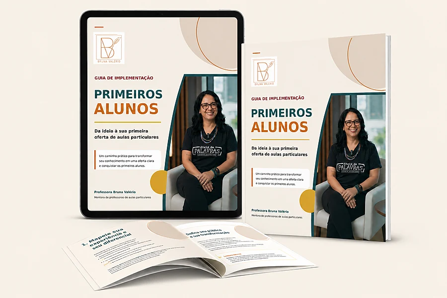 Mockup do Guia de Implementação Primeiros Alunos em tablet e capa impressa