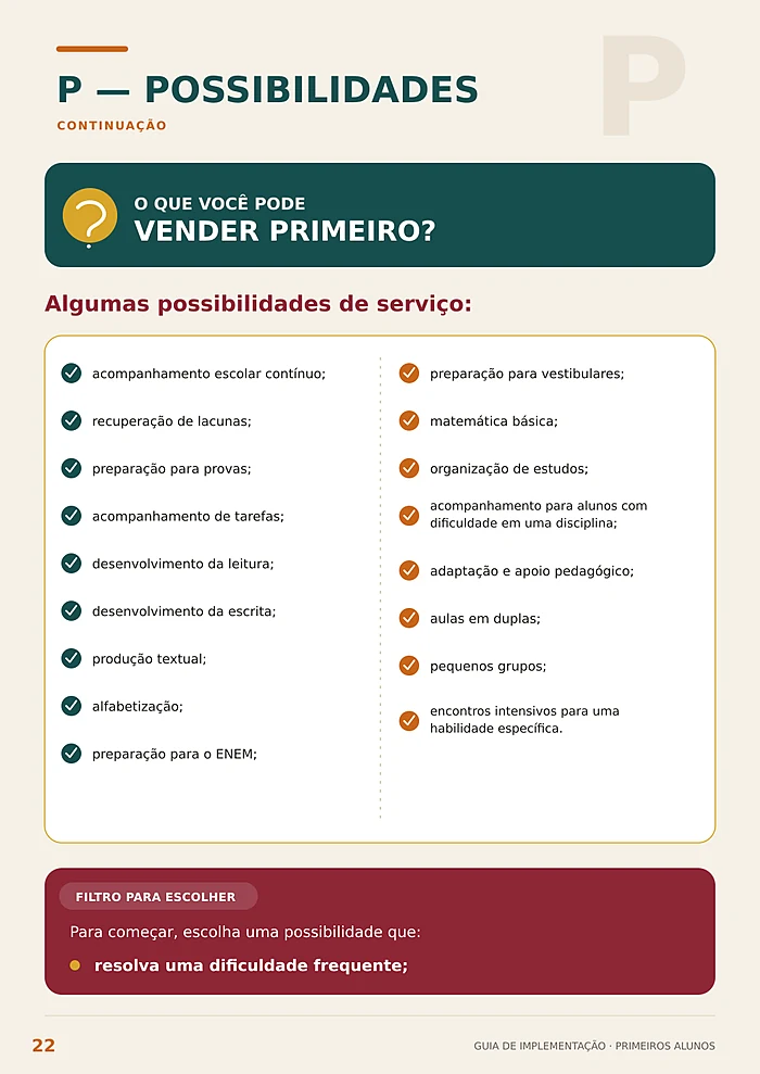 Página do Guia com possibilidades de serviço para oferecer